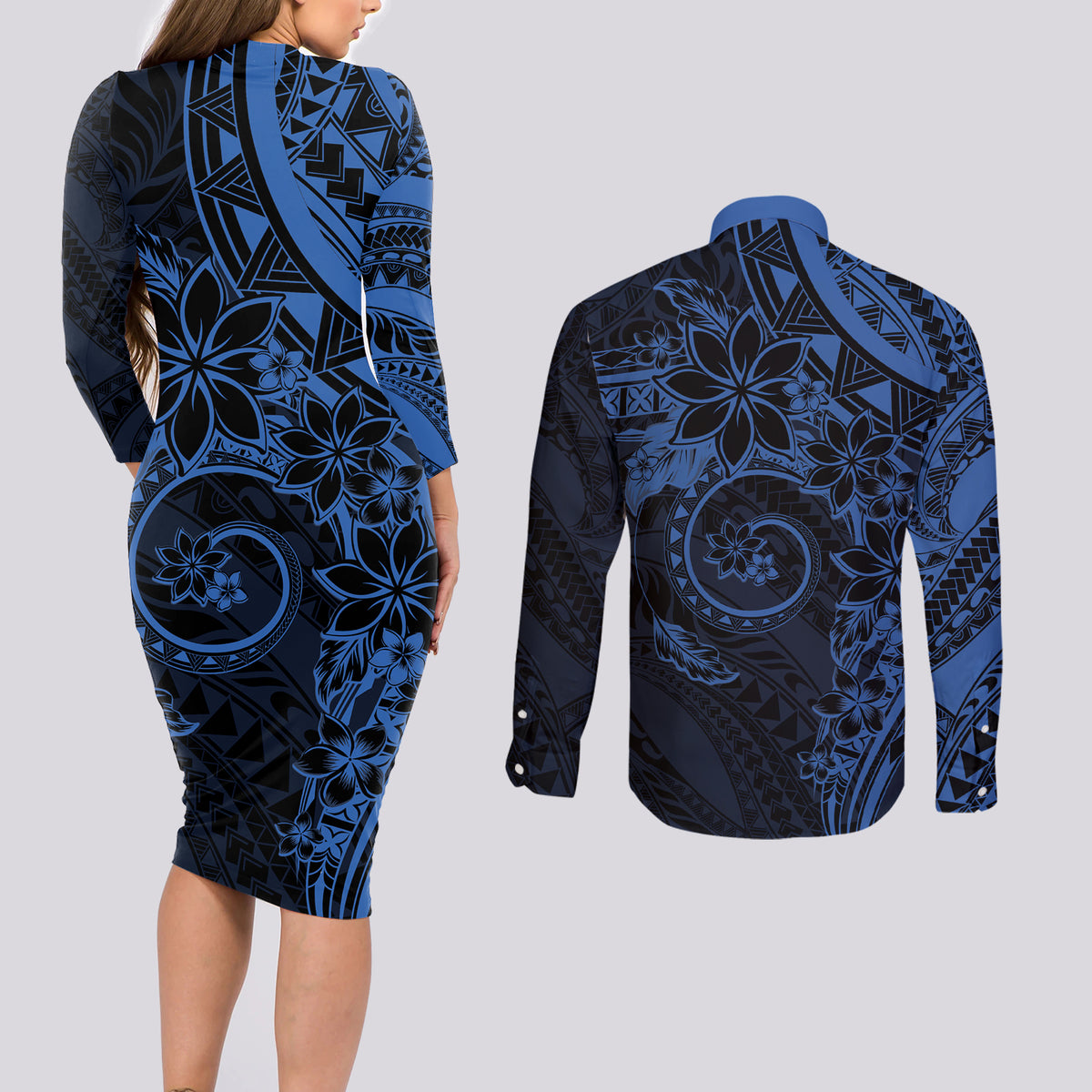Polynesian Sunset Plumeria Couples Matching Long Sleeve Bodycon Dress and Long Sleeve Button Shirt Navy Polynesian Tattoo