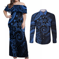Polynesian Sunset Plumeria Couples Matching Off Shoulder Maxi Dress and Long Sleeve Button Shirt Navy Polynesian Tattoo