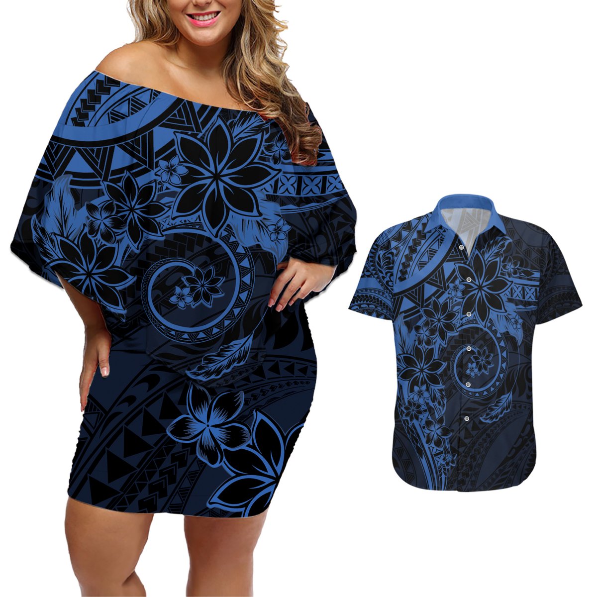Polynesian Sunset Plumeria Couples Matching Off Shoulder Short Dress and Hawaiian Shirt Navy Polynesian Tattoo
