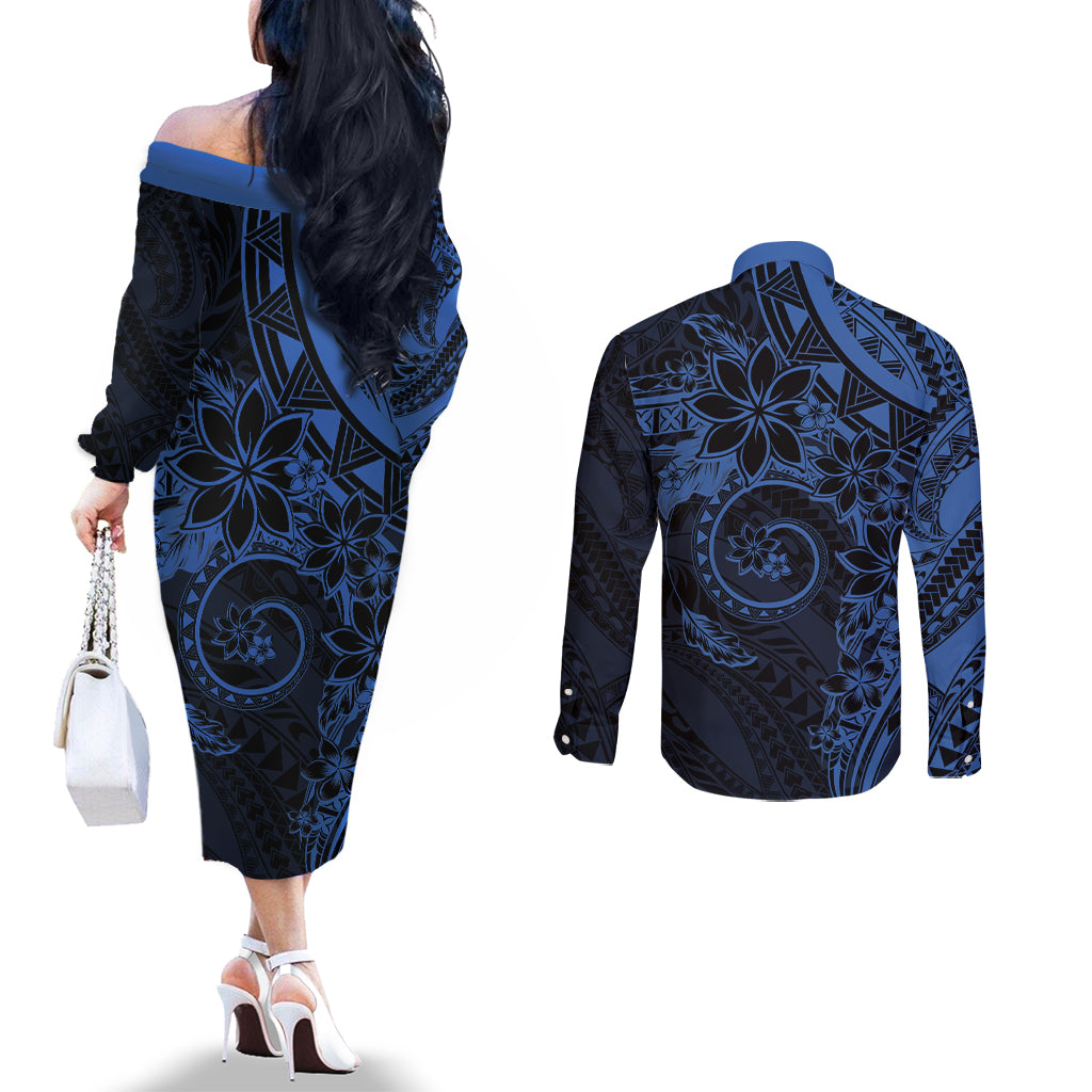 Polynesian Sunset Plumeria Couples Matching Off The Shoulder Long Sleeve Dress and Long Sleeve Button Shirt Navy Polynesian Tattoo