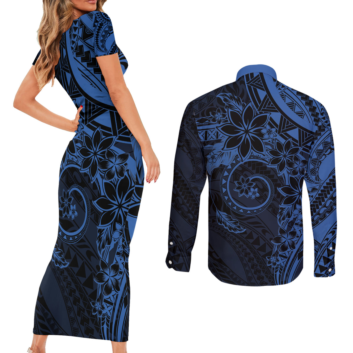 Polynesian Sunset Plumeria Couples Matching Short Sleeve Bodycon Dress and Long Sleeve Button Shirt Navy Polynesian Tattoo