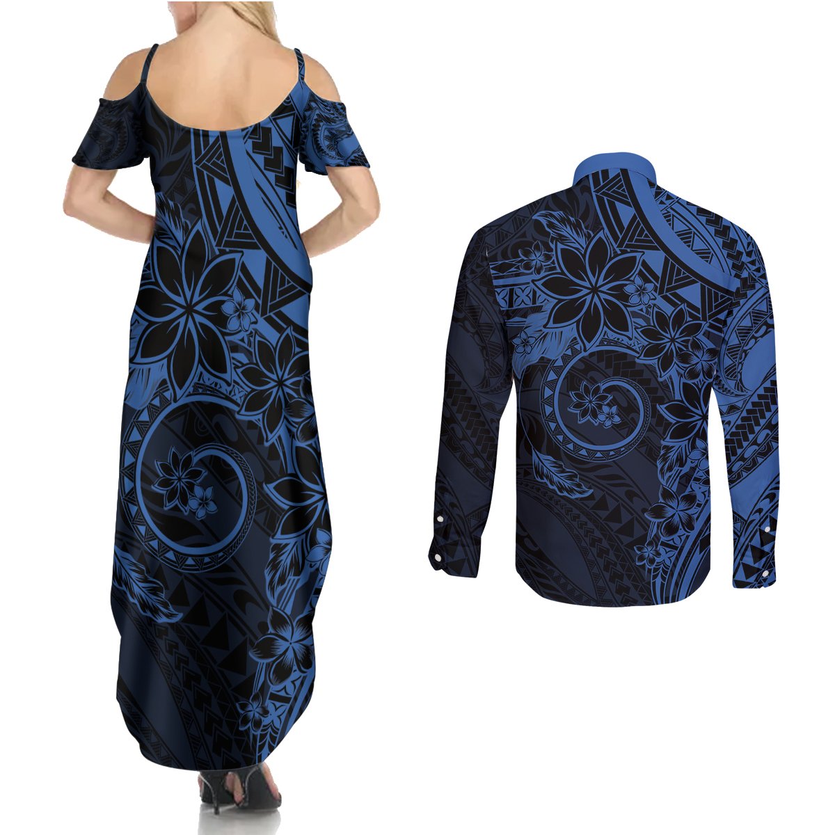 Polynesian Sunset Plumeria Couples Matching Summer Maxi Dress and Long Sleeve Button Shirt Navy Polynesian Tattoo
