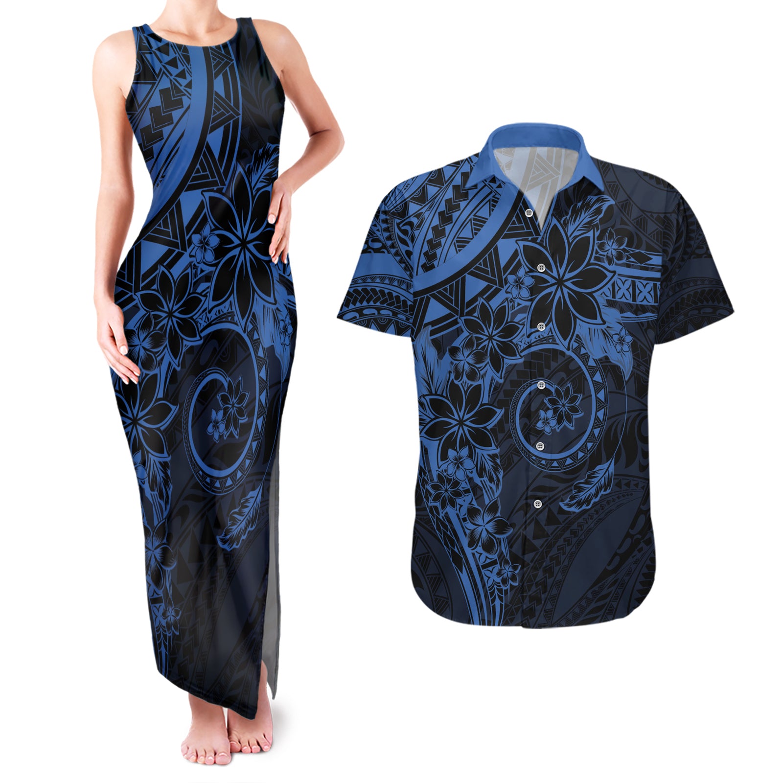 Polynesian Sunset Plumeria Couples Matching Tank Maxi Dress and Hawaiian Shirt Navy Polynesian Tattoo