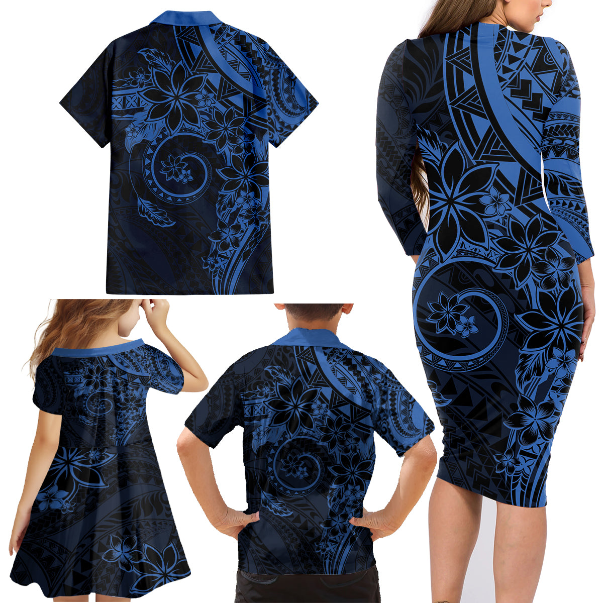 Polynesian Sunset Plumeria Family Matching Long Sleeve Bodycon Dress and Hawaiian Shirt Navy Polynesian Tattoo LT05 - Polynesian Pride