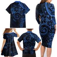 Polynesian Sunset Plumeria Family Matching Long Sleeve Bodycon Dress and Hawaiian Shirt Navy Polynesian Tattoo LT05 - Polynesian Pride