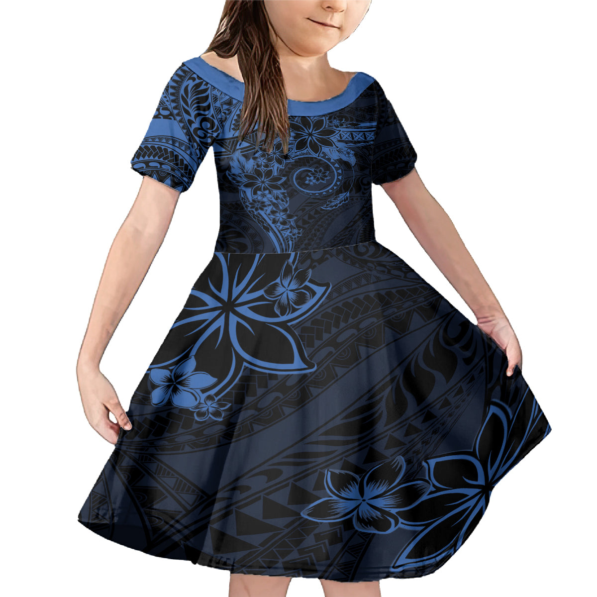 Polynesian Sunset Plumeria Family Matching Mermaid Dress and Hawaiian Shirt Navy Polynesian Tattoo LT05 Daughter's Dress Navy - Polynesian Pride