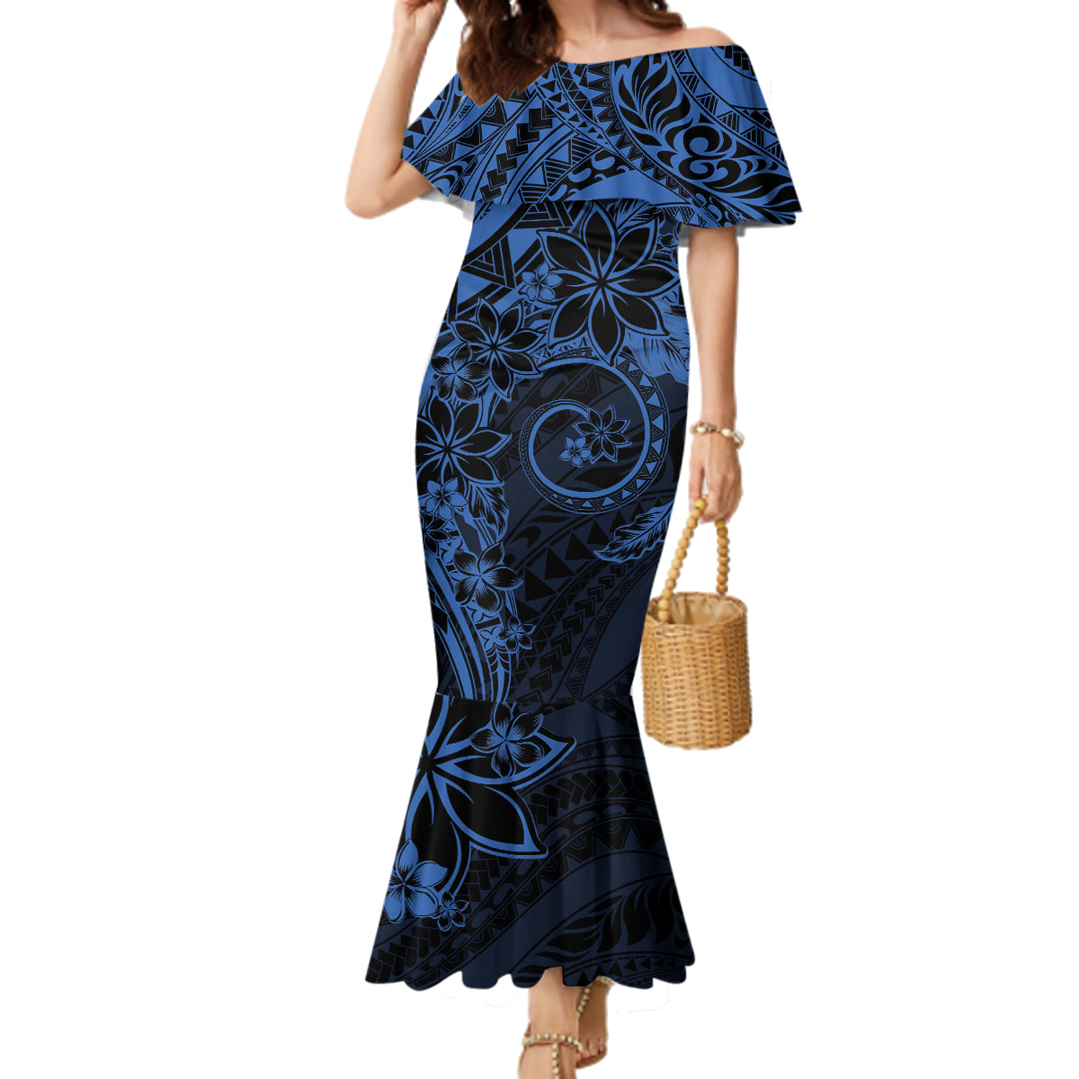 Polynesian Sunset Plumeria Family Matching Mermaid Dress and Hawaiian Shirt Navy Polynesian Tattoo LT05 Mom's Dress Navy - Polynesian Pride