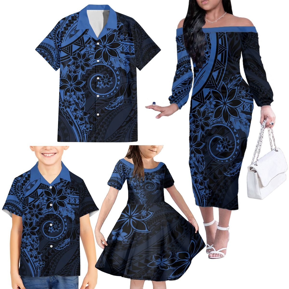 Polynesian Sunset Plumeria Family Matching Off The Shoulder Long Sleeve Dress and Hawaiian Shirt Navy Polynesian Tattoo LT05 - Polynesian Pride