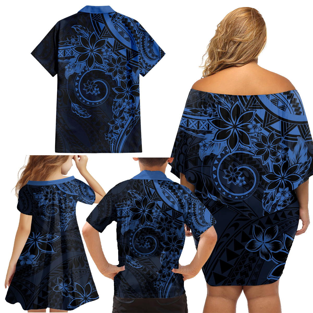 Polynesian Sunset Plumeria Family Matching Off Shoulder Short Dress and Hawaiian Shirt Navy Polynesian Tattoo LT05 - Polynesian Pride