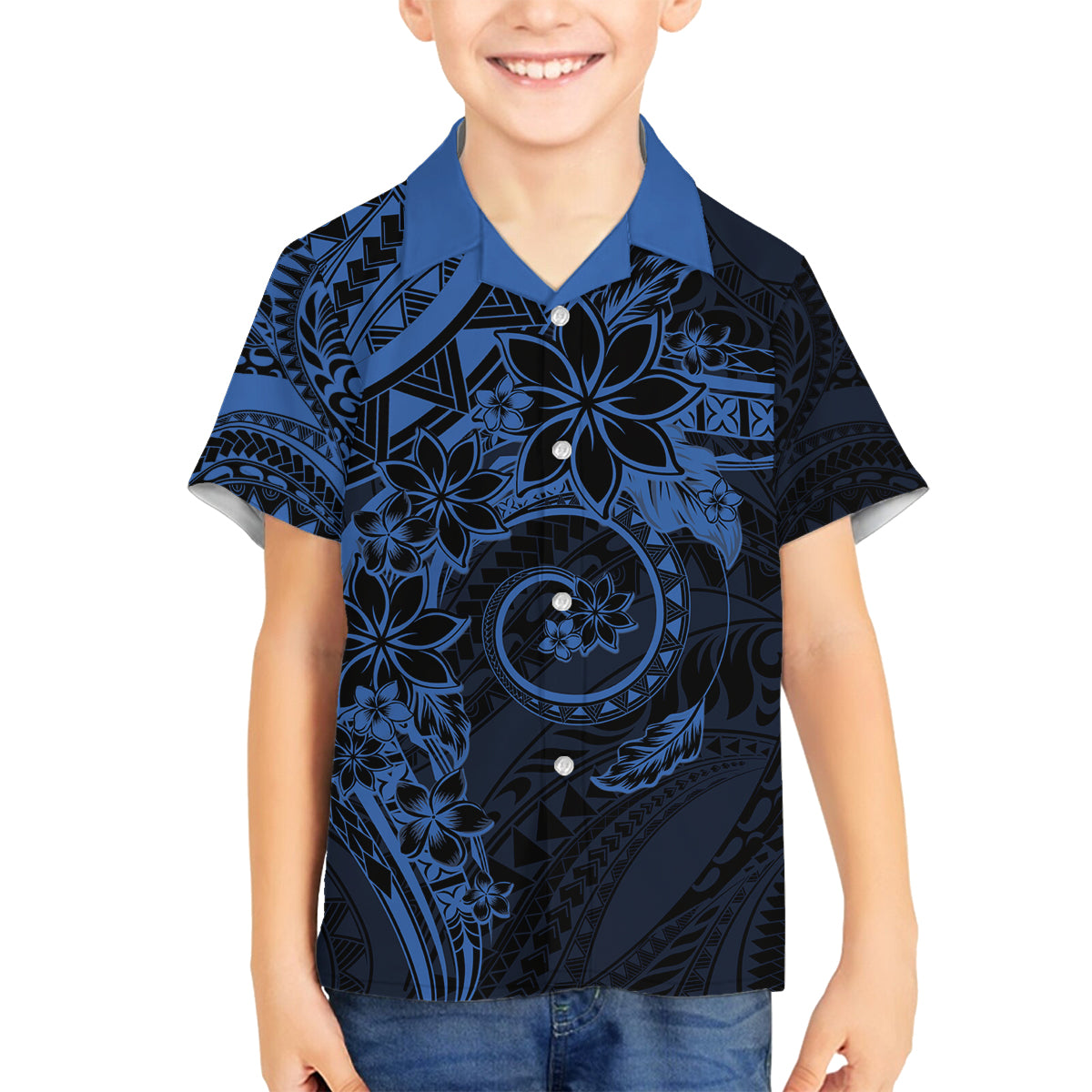Polynesian Sunset Plumeria Family Matching Off Shoulder Short Dress and Hawaiian Shirt Navy Polynesian Tattoo LT05 Son's Shirt Navy - Polynesian Pride