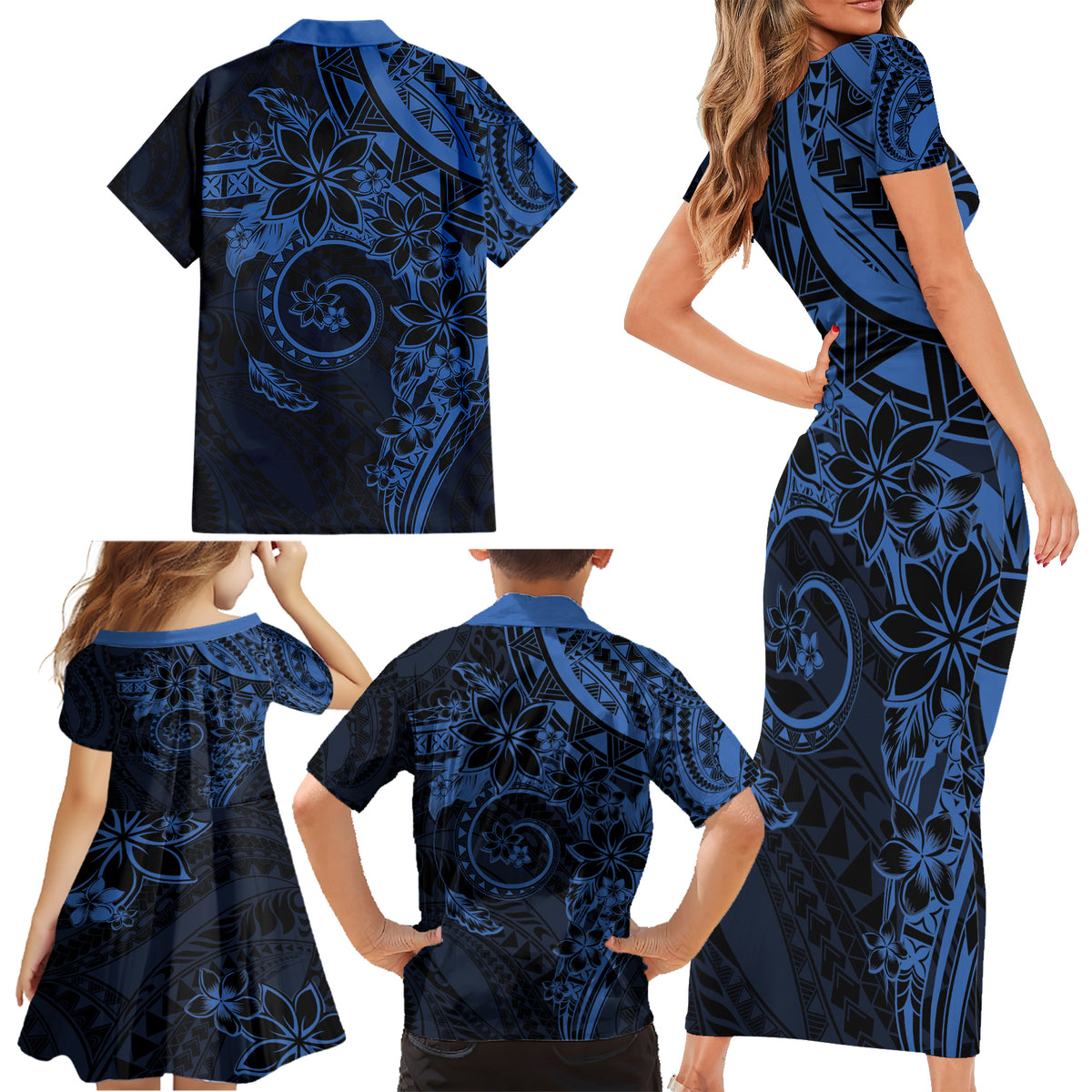Polynesian Sunset Plumeria Family Matching Short Sleeve Bodycon Dress and Hawaiian Shirt Navy Polynesian Tattoo LT05 - Polynesian Pride