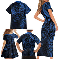 Polynesian Sunset Plumeria Family Matching Short Sleeve Bodycon Dress and Hawaiian Shirt Navy Polynesian Tattoo LT05 - Polynesian Pride