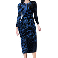 Polynesian Sunset Plumeria Long Sleeve Bodycon Dress Navy Polynesian Tattoo LT05 Long Dress Navy - Polynesian Pride