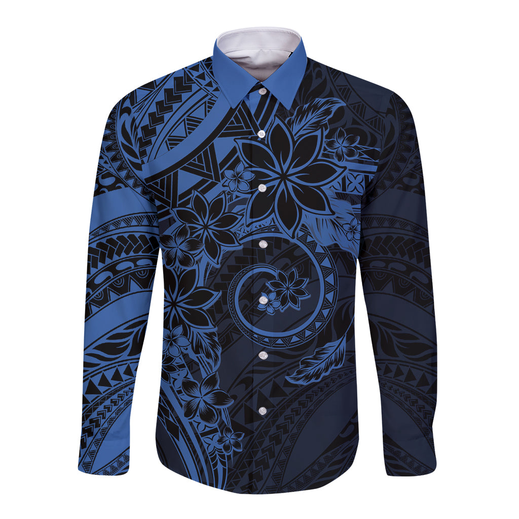 Polynesian Sunset Plumeria Long Sleeve Button Shirt Navy Polynesian Tattoo LT05 Unisex Navy - Polynesian Pride