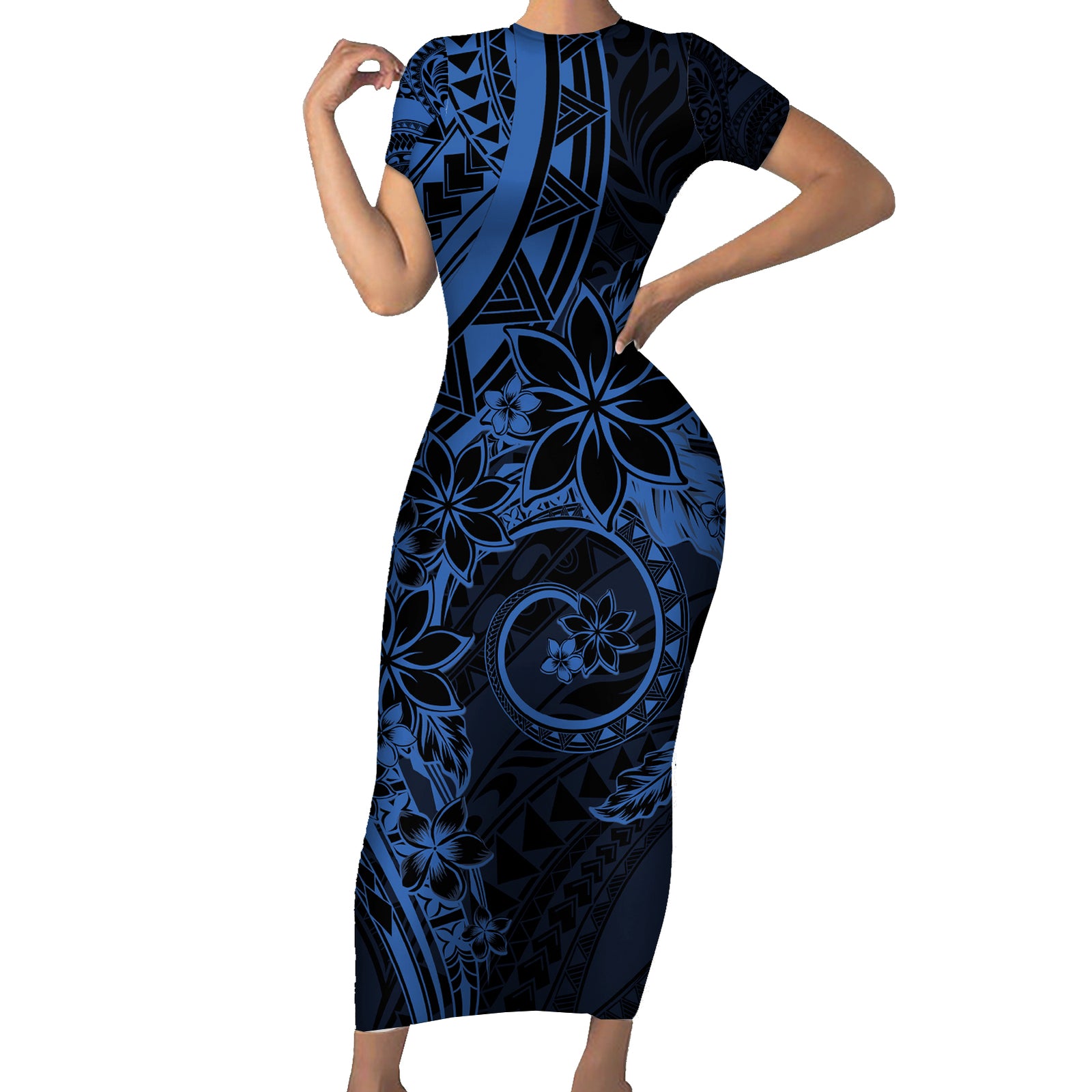 Polynesian Sunset Plumeria Short Sleeve Bodycon Dress Navy Polynesian Tattoo LT05 Long Dress Navy - Polynesian Pride