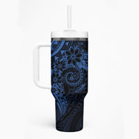 Navy Polynesian Pattern With Plumeria Flowers Tumbler With Handle