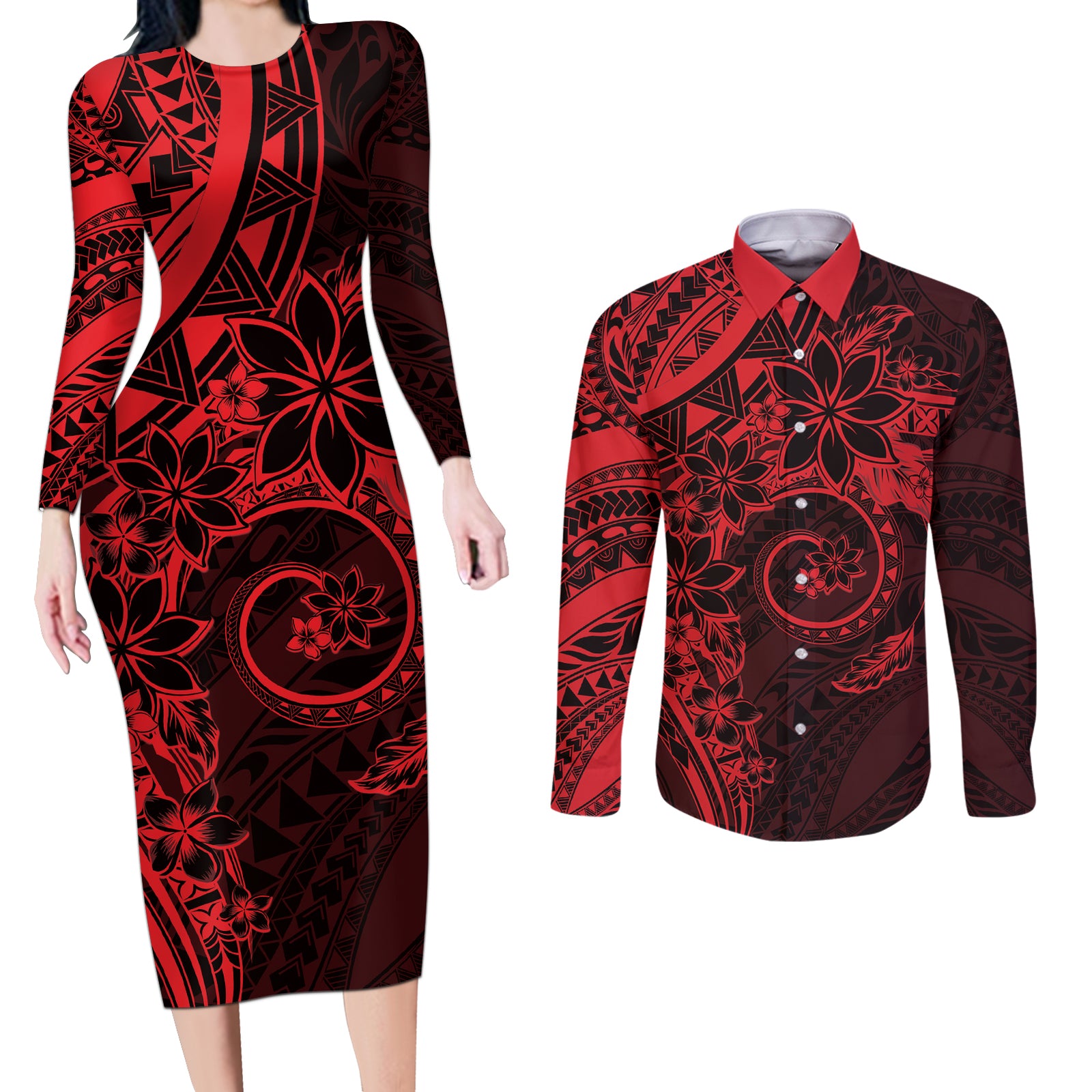 Polynesian Sunset Plumeria Couples Matching Long Sleeve Bodycon Dress and Long Sleeve Button Shirt Red Polynesian Tattoo