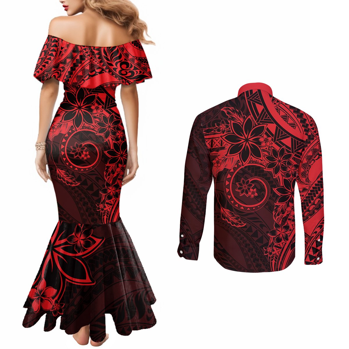 Polynesian Sunset Plumeria Couples Matching Mermaid Dress and Long Sleeve Button Shirt Red Polynesian Tattoo