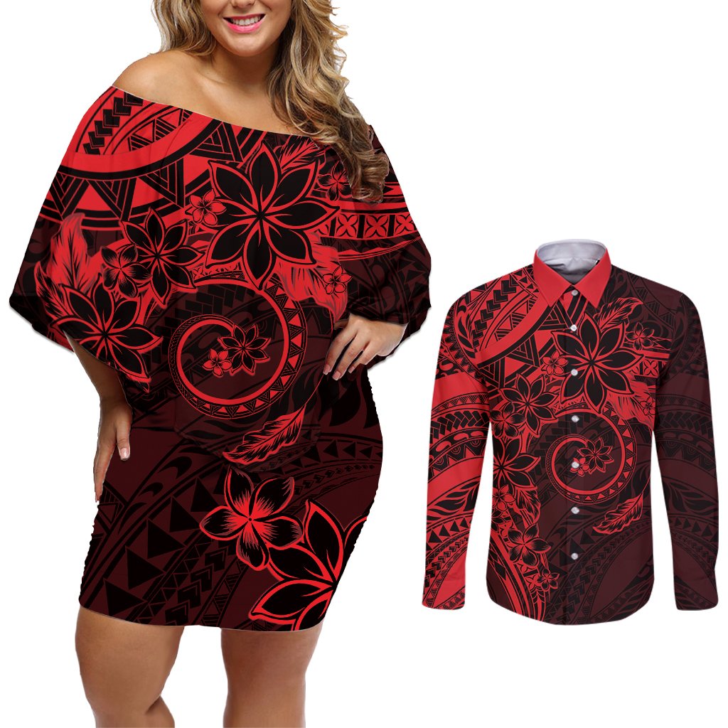 Polynesian Sunset Plumeria Couples Matching Off Shoulder Short Dress and Long Sleeve Button Shirt Red Polynesian Tattoo
