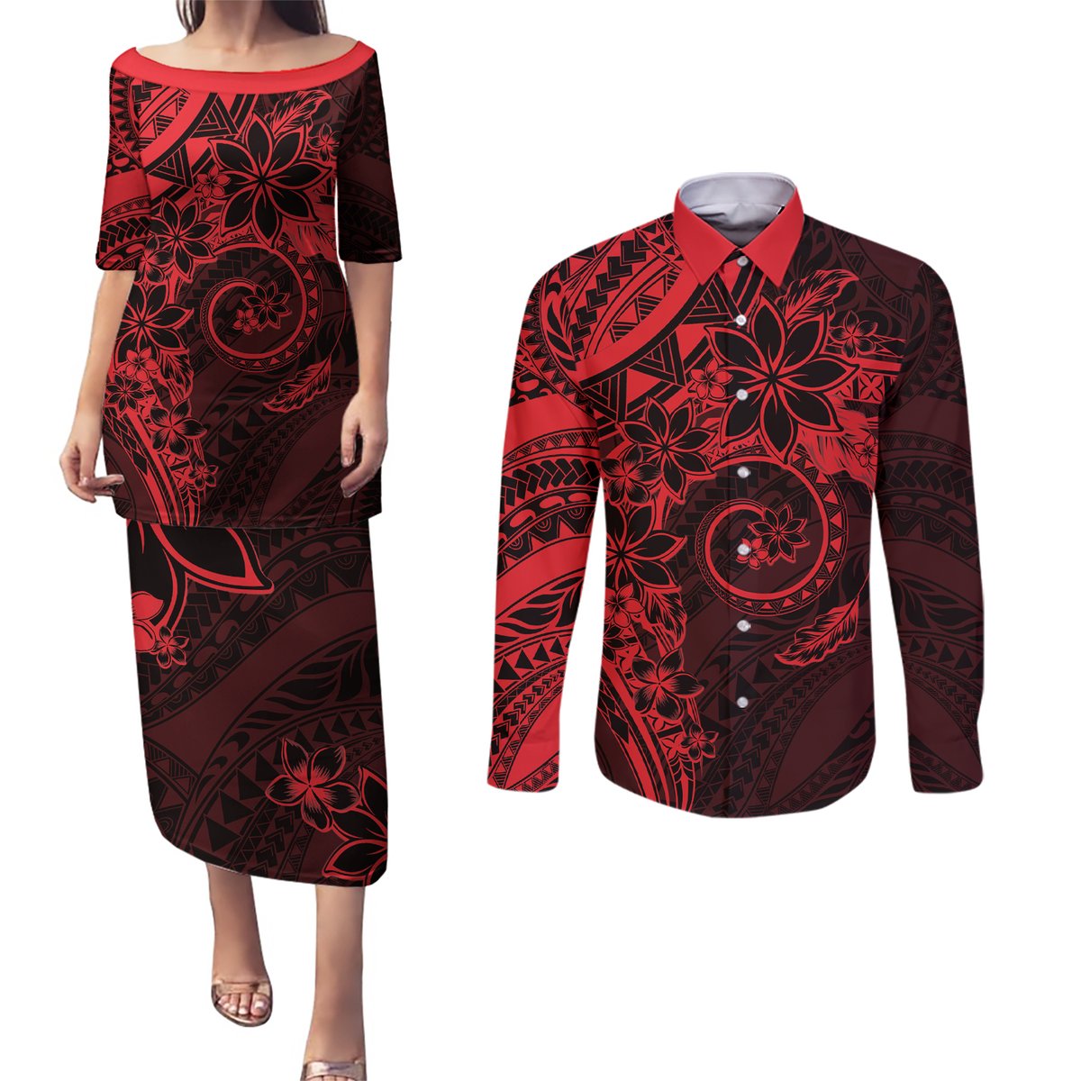 Polynesian Sunset Plumeria Couples Matching Puletasi and Long Sleeve Button Shirt Red Polynesian Tattoo
