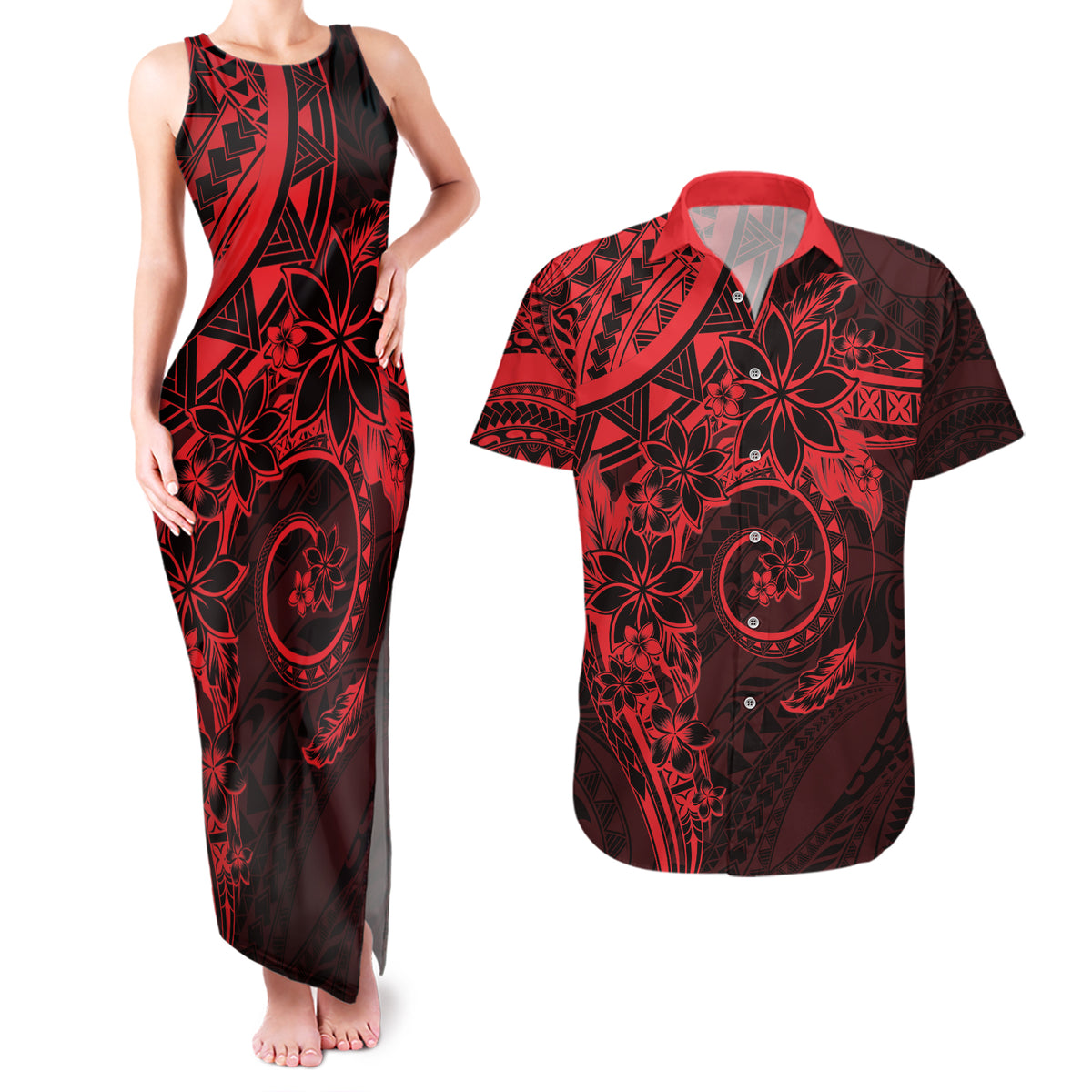 Polynesian Sunset Plumeria Couples Matching Tank Maxi Dress and Hawaiian Shirt Red Polynesian Tattoo