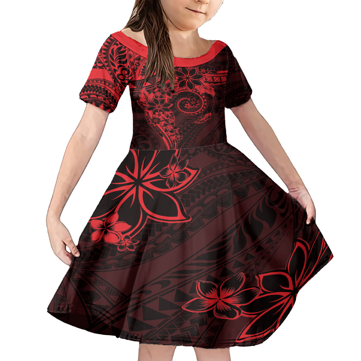 Polynesian Sunset Plumeria Family Matching Long Sleeve Bodycon Dress and Hawaiian Shirt Red Polynesian Tattoo LT05 Daughter's Dress Red - Polynesian Pride