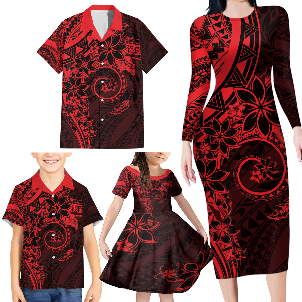 Polynesian Sunset Plumeria Family Matching Long Sleeve Bodycon Dress and Hawaiian Shirt Red Polynesian Tattoo LT05 - Polynesian Pride