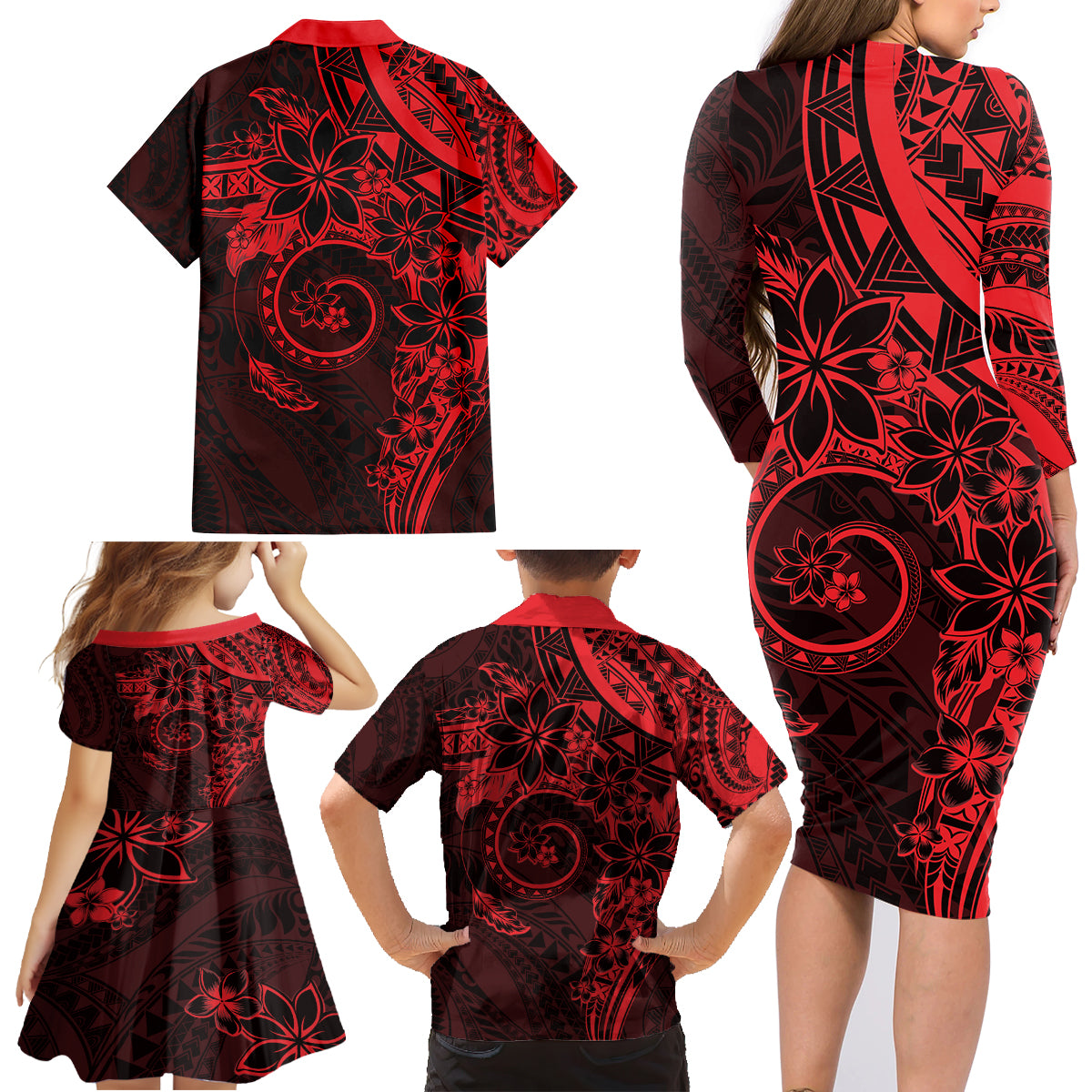 Polynesian Sunset Plumeria Family Matching Long Sleeve Bodycon Dress and Hawaiian Shirt Red Polynesian Tattoo LT05 - Polynesian Pride