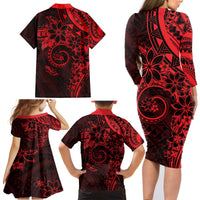 Polynesian Sunset Plumeria Family Matching Long Sleeve Bodycon Dress and Hawaiian Shirt Red Polynesian Tattoo LT05 - Polynesian Pride