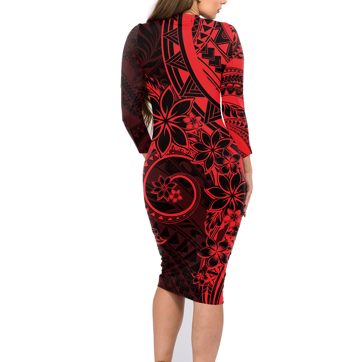 Polynesian Sunset Plumeria Family Matching Long Sleeve Bodycon Dress and Hawaiian Shirt Red Polynesian Tattoo LT05 - Polynesian Pride