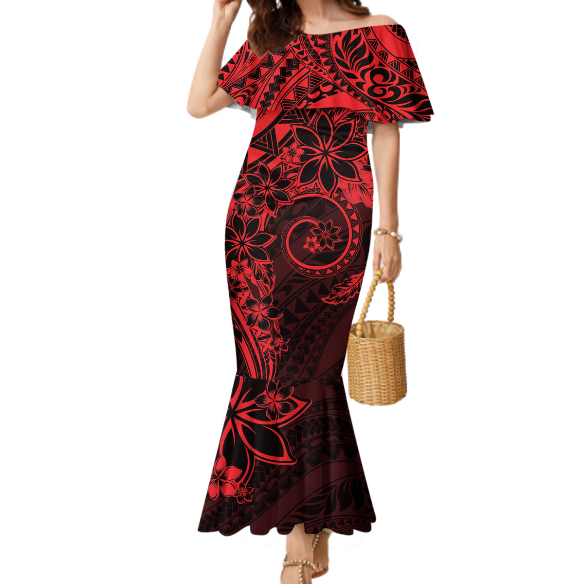 Polynesian Sunset Plumeria Family Matching Mermaid Dress and Hawaiian Shirt Red Polynesian Tattoo LT05 Mom's Dress Red - Polynesian Pride
