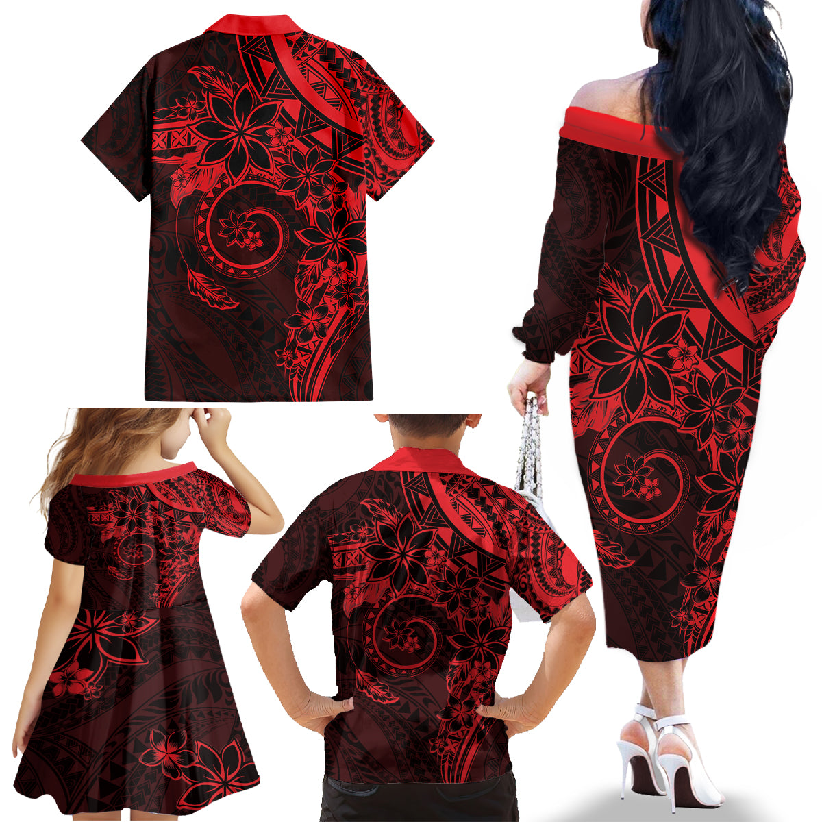 Polynesian Sunset Plumeria Family Matching Off The Shoulder Long Sleeve Dress and Hawaiian Shirt Red Polynesian Tattoo LT05 - Polynesian Pride