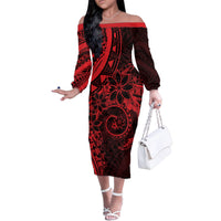 Polynesian Sunset Plumeria Family Matching Off The Shoulder Long Sleeve Dress and Hawaiian Shirt Red Polynesian Tattoo LT05 Mom's Dress Red - Polynesian Pride