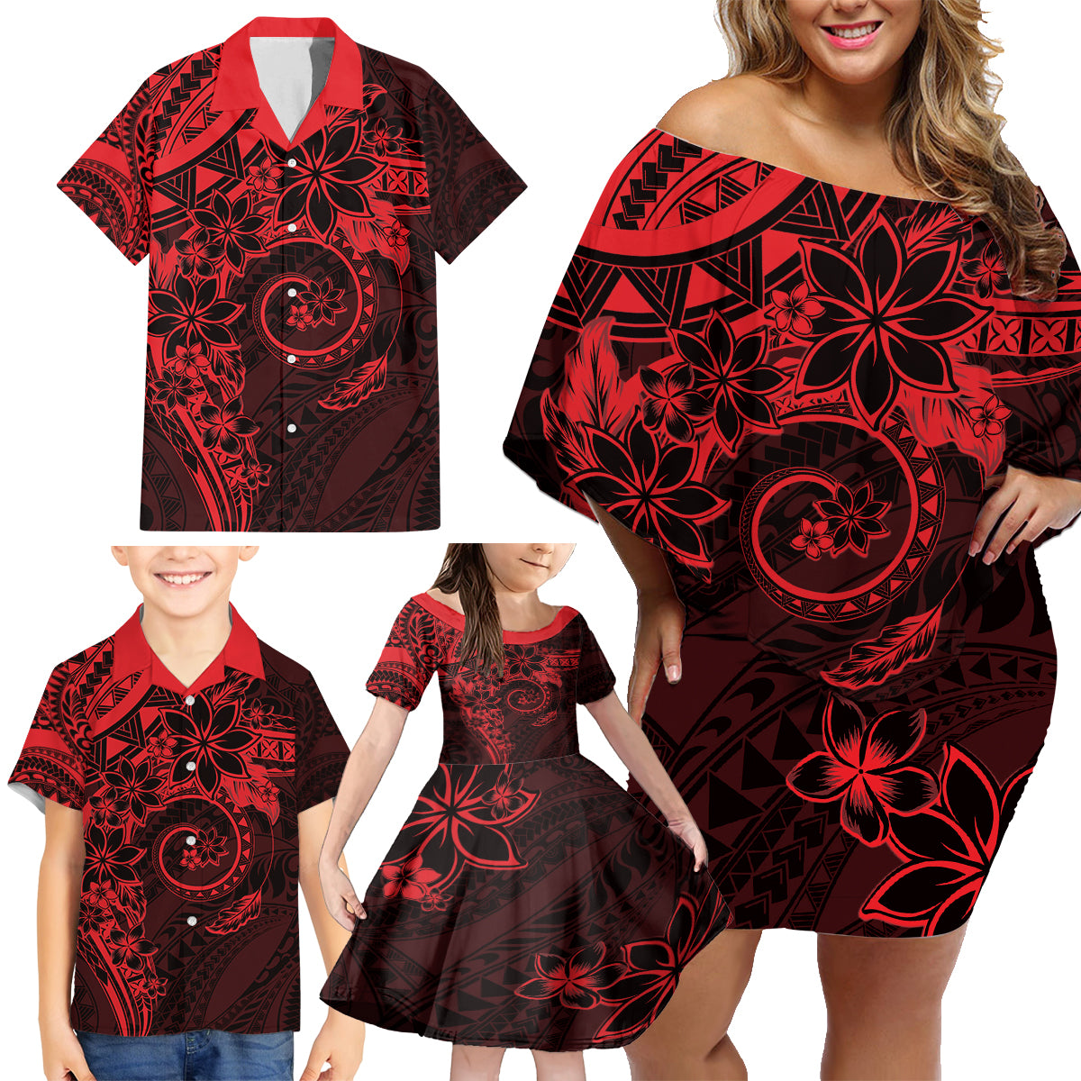 Polynesian Sunset Plumeria Family Matching Off Shoulder Short Dress and Hawaiian Shirt Red Polynesian Tattoo LT05 - Polynesian Pride