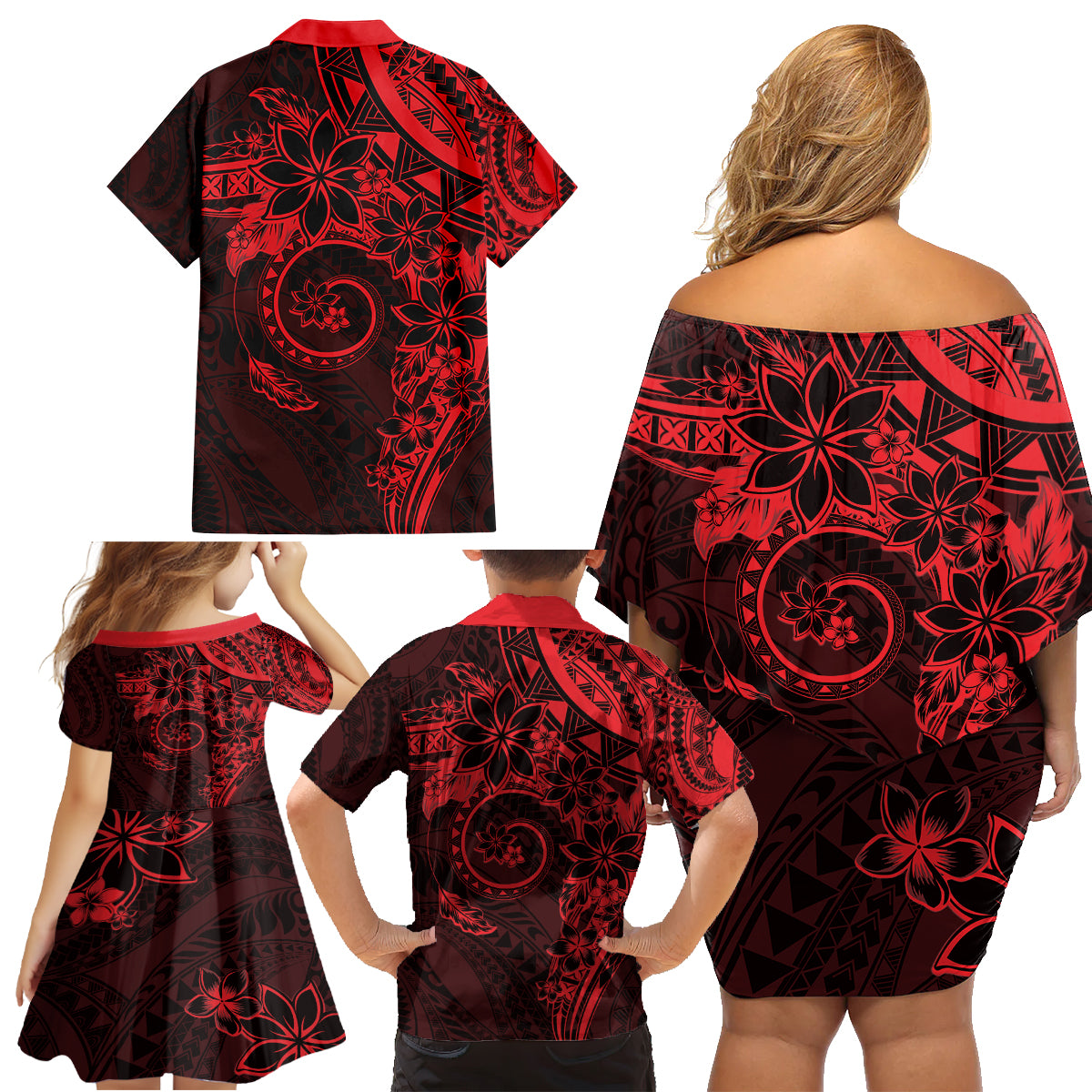 Polynesian Sunset Plumeria Family Matching Off Shoulder Short Dress and Hawaiian Shirt Red Polynesian Tattoo LT05 - Polynesian Pride