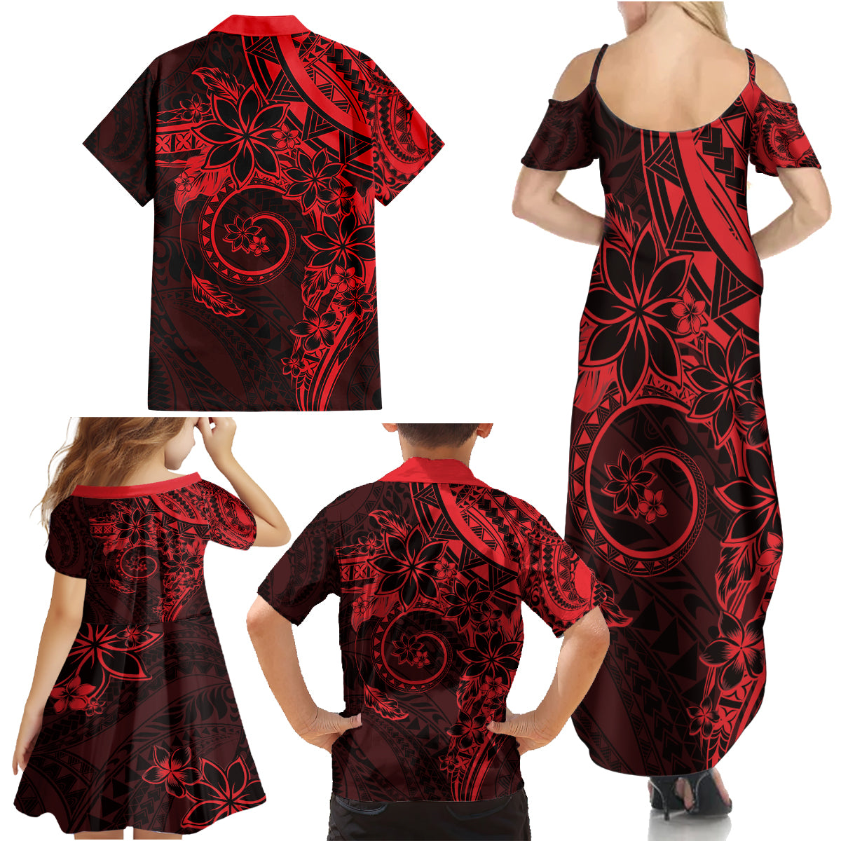 Polynesian Sunset Plumeria Family Matching Summer Maxi Dress and Hawaiian Shirt Red Polynesian Tattoo LT05 - Polynesian Pride