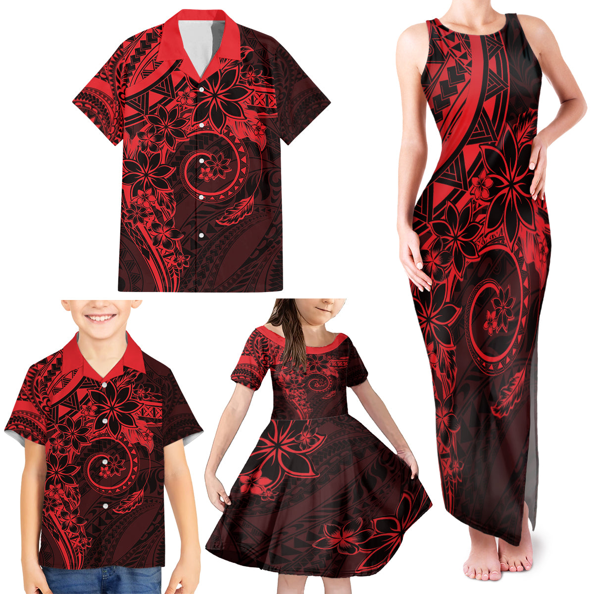 Polynesian Sunset Plumeria Family Matching Tank Maxi Dress and Hawaiian Shirt Red Polynesian Tattoo LT05 - Polynesian Pride