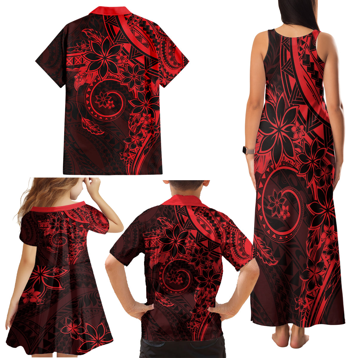 Polynesian Sunset Plumeria Family Matching Tank Maxi Dress and Hawaiian Shirt Red Polynesian Tattoo LT05 - Polynesian Pride