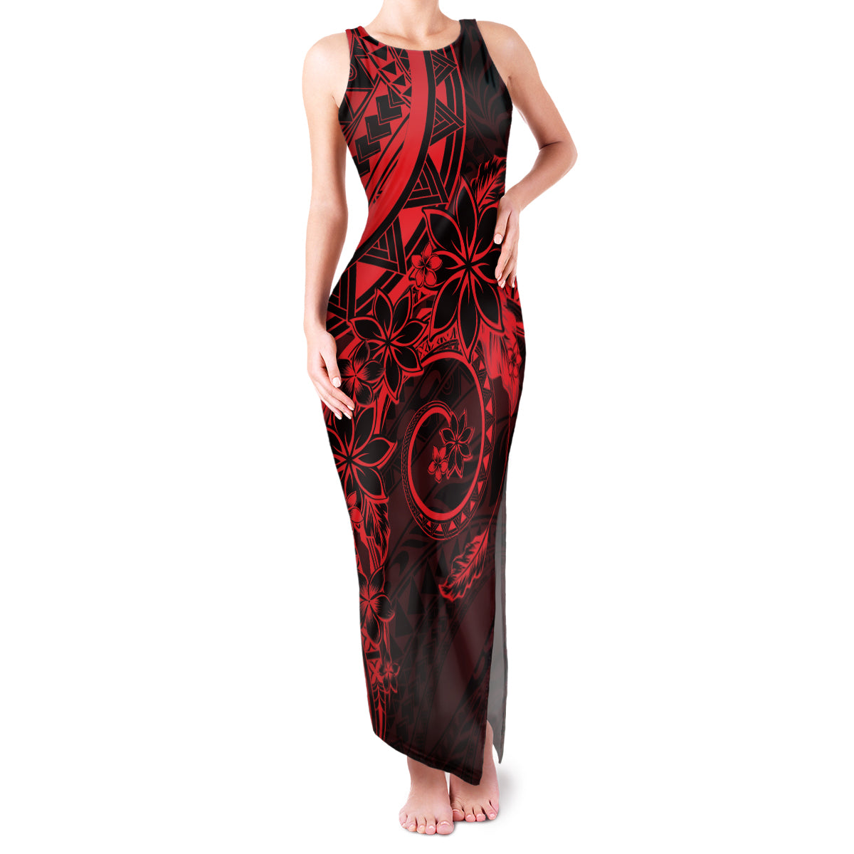 Polynesian Sunset Plumeria Family Matching Tank Maxi Dress and Hawaiian Shirt Red Polynesian Tattoo LT05 Mom's Dress Red - Polynesian Pride