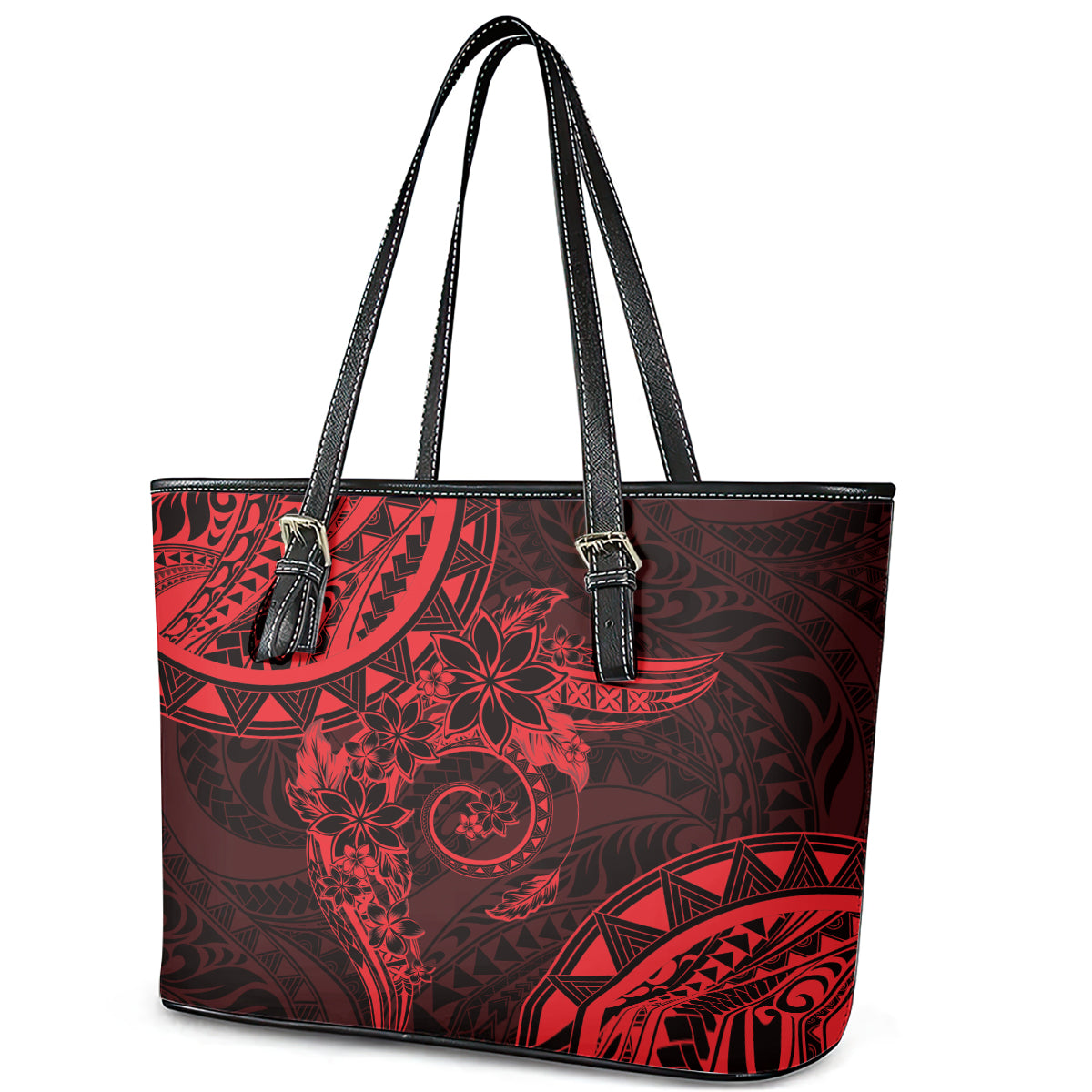 Polynesian Sunset Plumeria Leather Tote Bag Red Polynesian Tattoo LT05 - Polynesian Pride