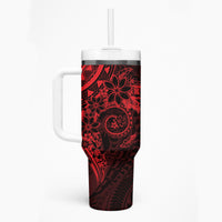 Red Polynesian Pattern With Plumeria Flowers Tumbler With Handle