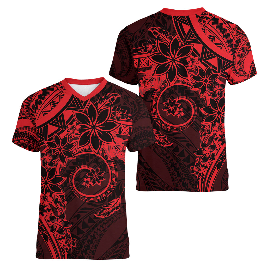 Polynesian Sunset Plumeria Women V-Neck T-Shirt Red Polynesian Tattoo