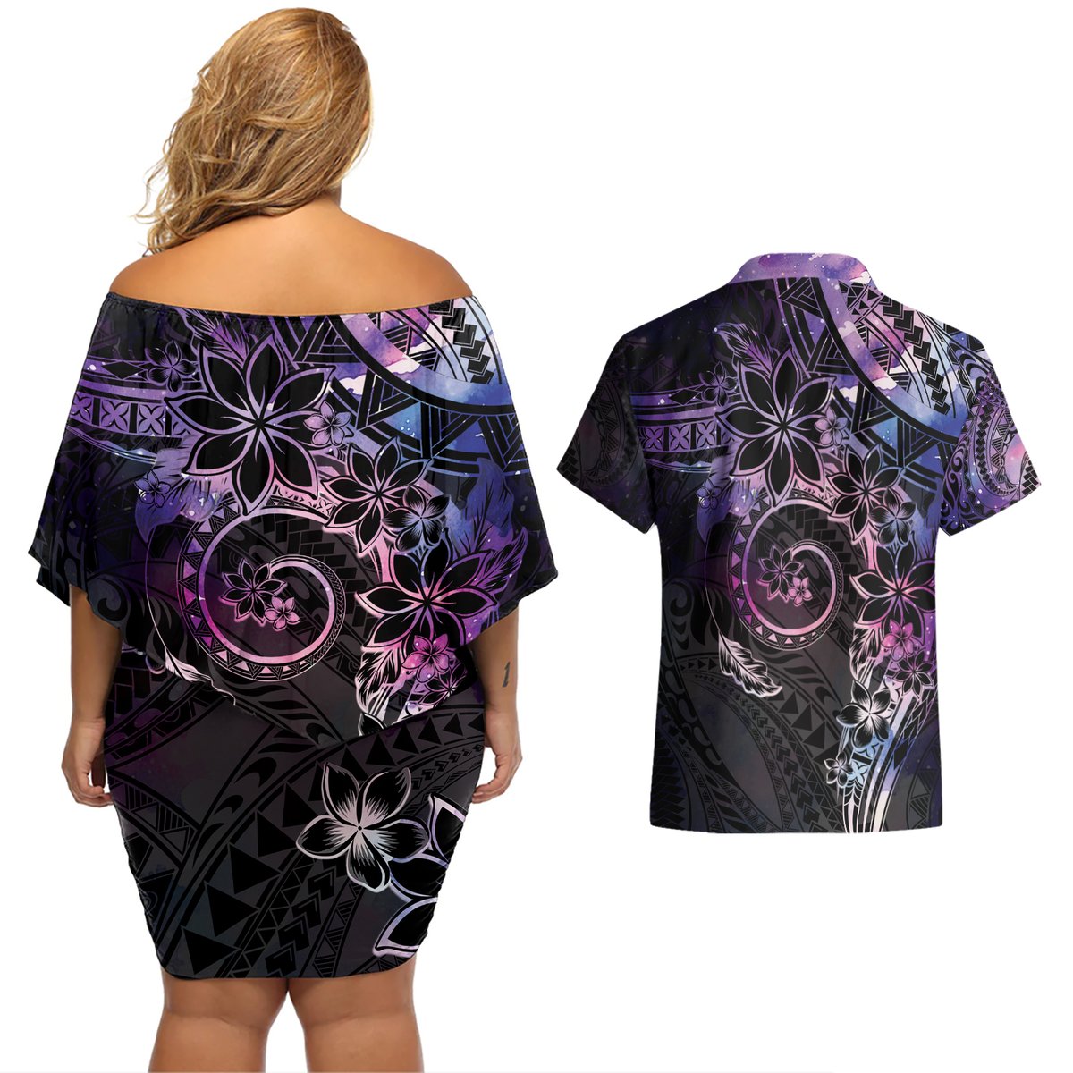 Polynesian Sunset Plumeria Couples Matching Off Shoulder Short Dress and Hawaiian Shirt Galaxy Polynesian Tattoo