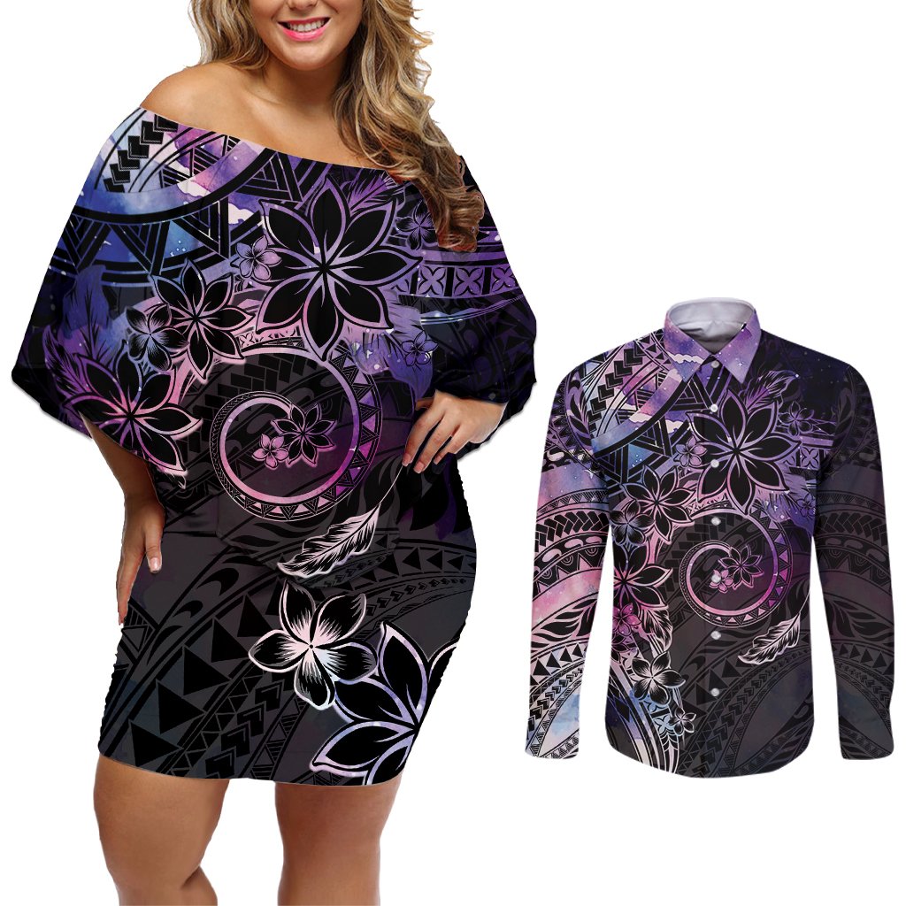 Polynesian Sunset Plumeria Couples Matching Off Shoulder Short Dress and Long Sleeve Button Shirt Galaxy Polynesian Tattoo