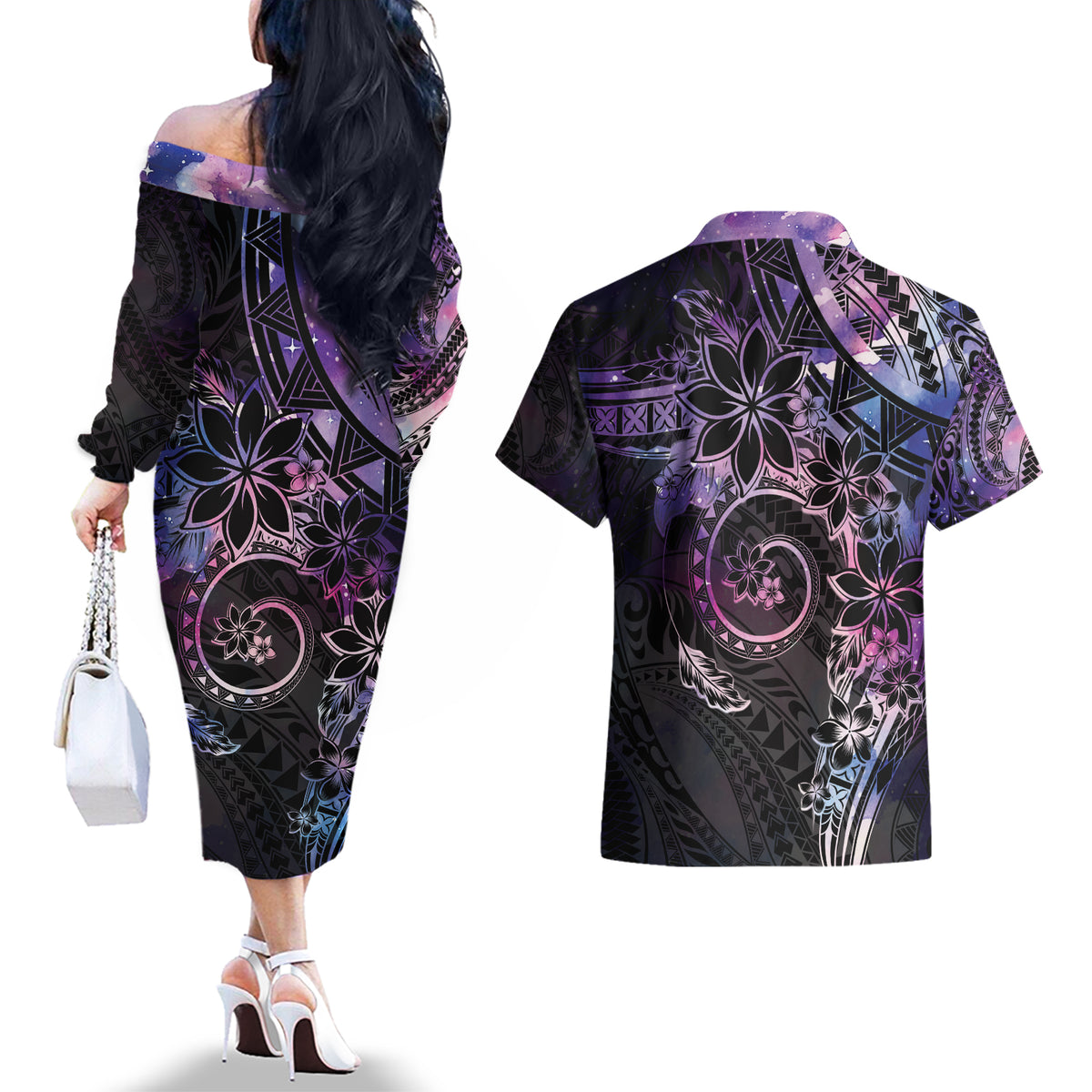 Polynesian Sunset Plumeria Couples Matching Off The Shoulder Long Sleeve Dress and Hawaiian Shirt Galaxy Polynesian Tattoo