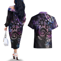 Polynesian Sunset Plumeria Couples Matching Off The Shoulder Long Sleeve Dress and Hawaiian Shirt Galaxy Polynesian Tattoo