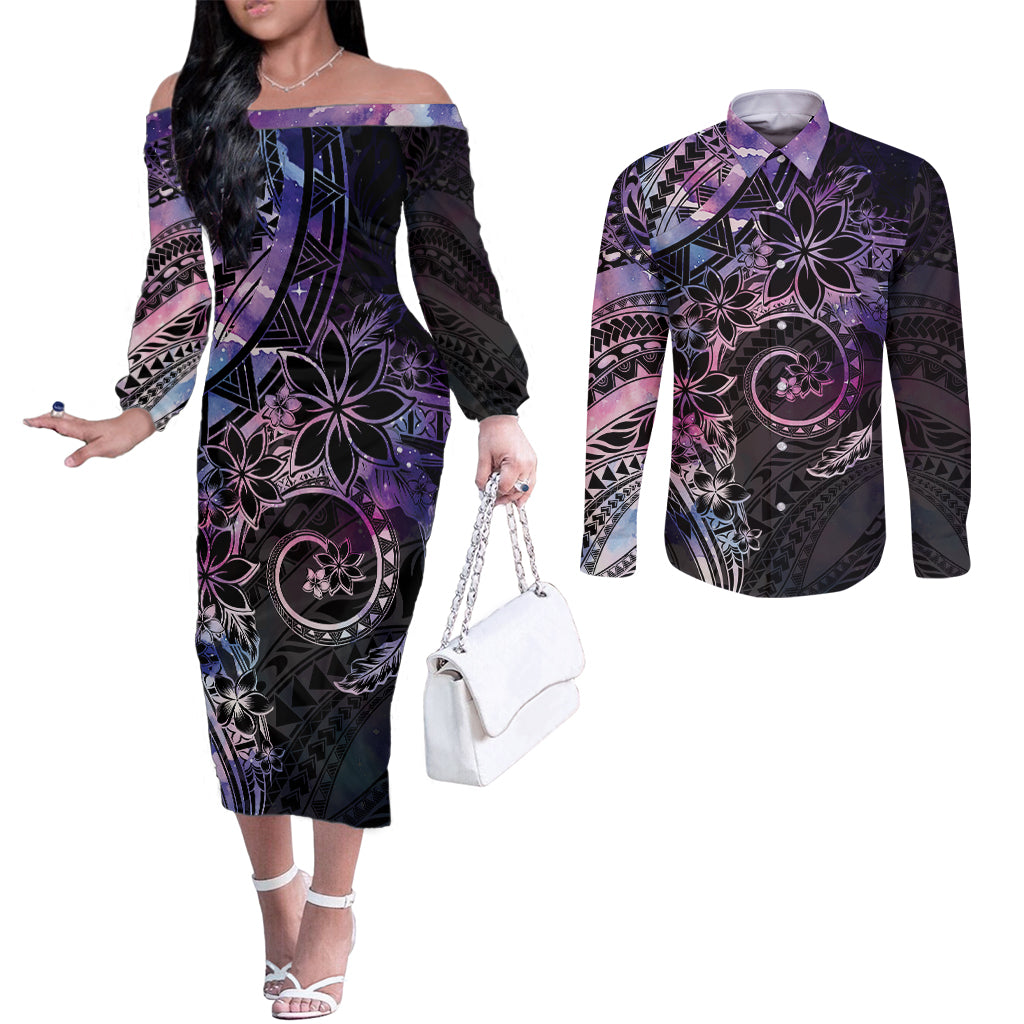 Polynesian Sunset Plumeria Couples Matching Off The Shoulder Long Sleeve Dress and Long Sleeve Button Shirt Galaxy Polynesian Tattoo