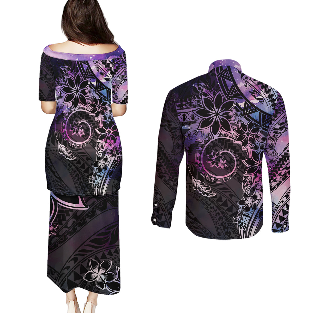 Polynesian Sunset Plumeria Couples Matching Puletasi and Long Sleeve Button Shirt Galaxy Polynesian Tattoo