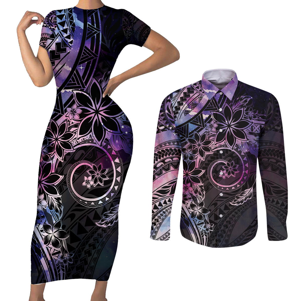 Polynesian Sunset Plumeria Couples Matching Short Sleeve Bodycon Dress and Long Sleeve Button Shirt Galaxy Polynesian Tattoo