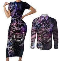 Polynesian Sunset Plumeria Couples Matching Short Sleeve Bodycon Dress and Long Sleeve Button Shirt Galaxy Polynesian Tattoo